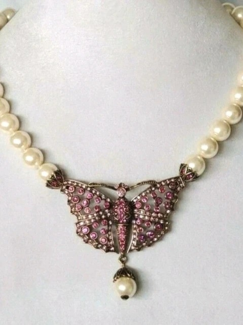 Heidi Daus Stamped Pink Butterfly Pearl Necklace (Antiqued Goldtone)